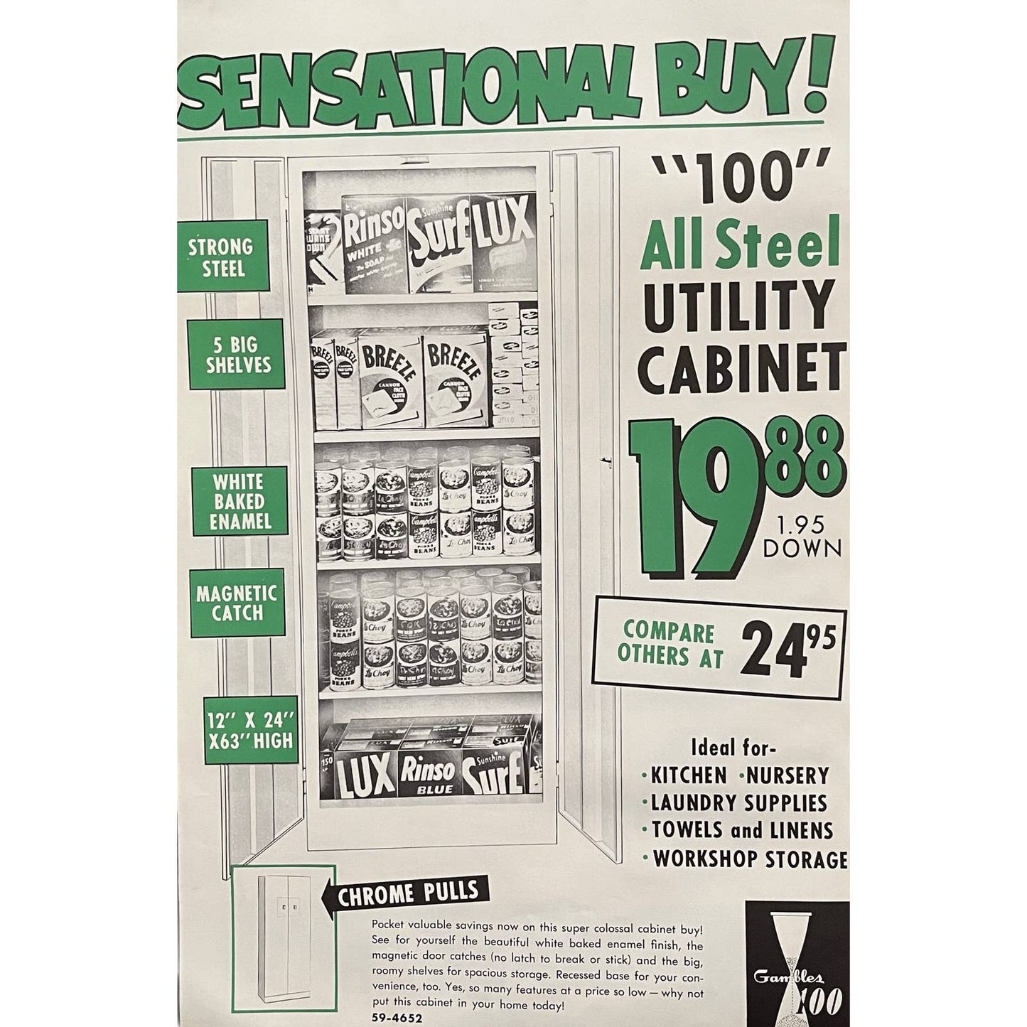1960 Steel Utility Cabinet Gambles 100 Retail Store Display Poster 13.5x20