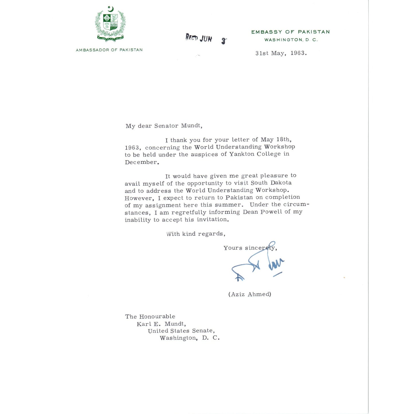 Embassy of Pakistan to US Letterhead Memo Aziz Ahmed 5/31/63 B14