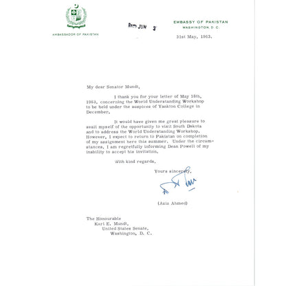 Embassy of Pakistan to US Letterhead Memo Aziz Ahmed 5/31/63 B14