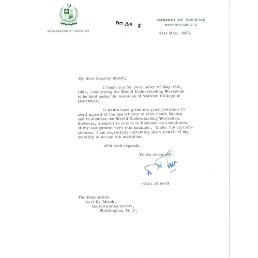 Embassy of Pakistan to US Letterhead Memo Aziz Ahmed 5/31/63 B14