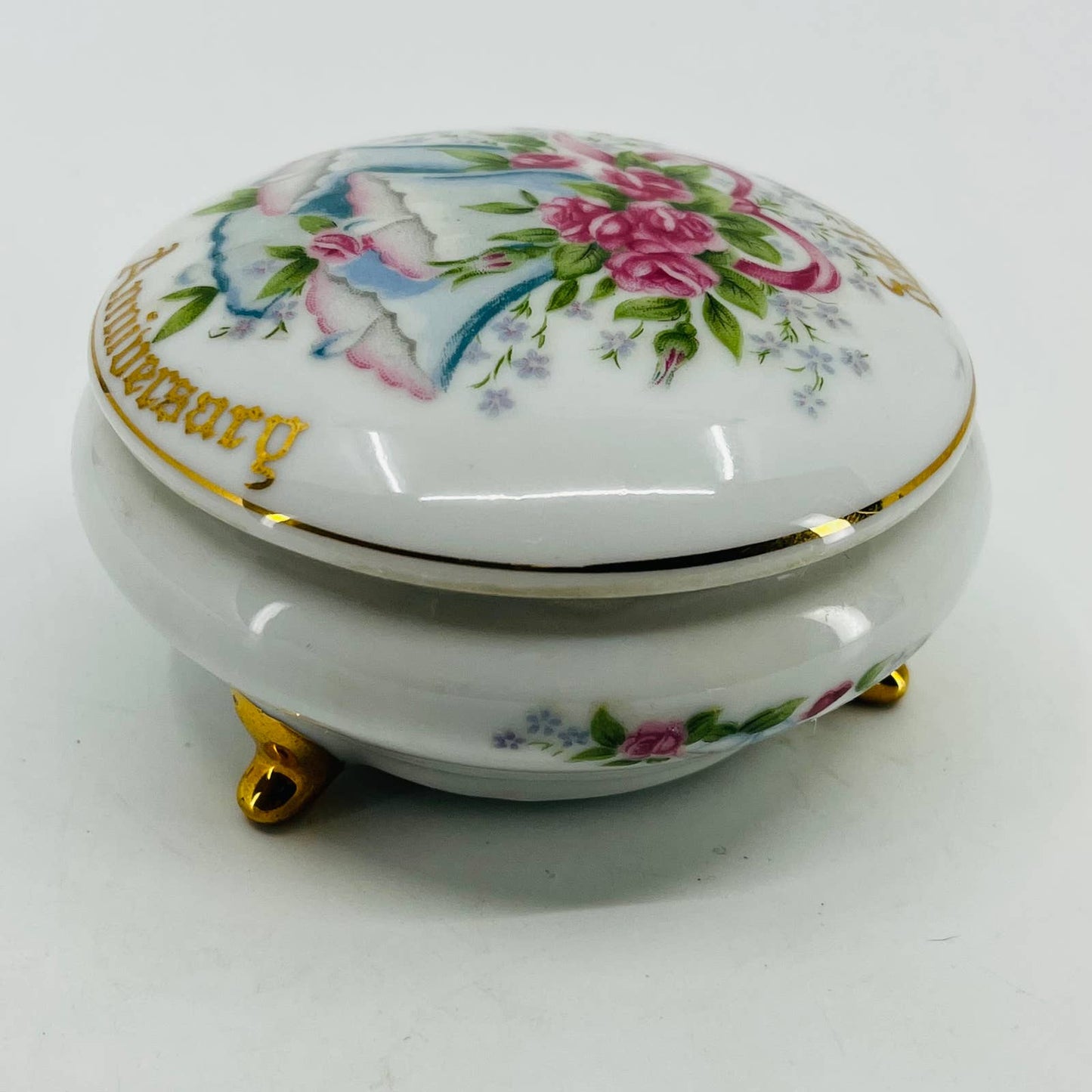 Vintage NORCREST FINE CHINA HAPPY ANNIVERSARY Powder Jar Trinket Box HA-1 TC1