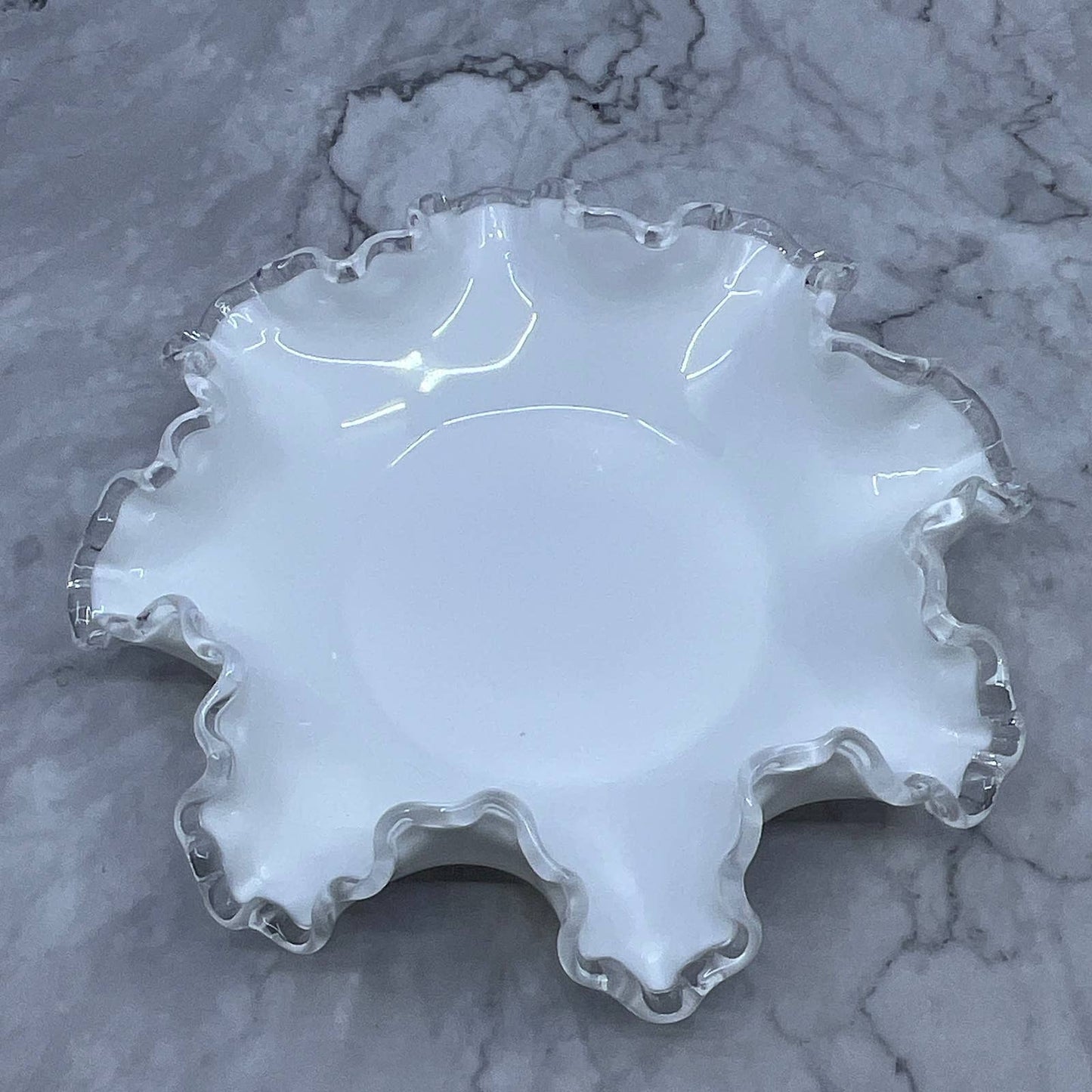 Vintage Fenton Silver Crest White Milk Glass Ruffled Edge Bowl Candy Dish 8" TI7