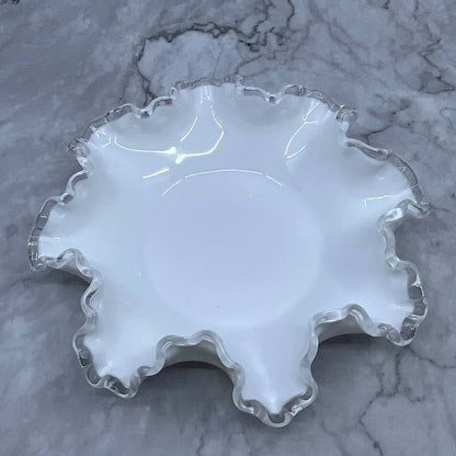 Vintage Fenton Silver Crest White Milk Glass Ruffled Edge Bowl Candy Dish 8" TI7