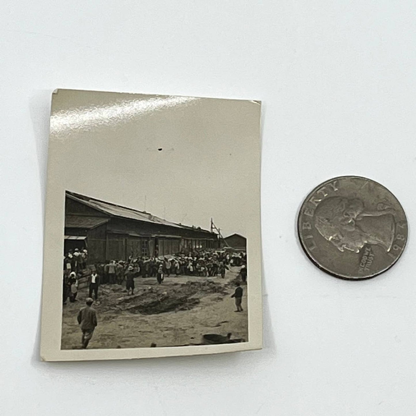 1940s WWII Photo Large Group Japanese Gathered Outside Camp Japan 2” SC5