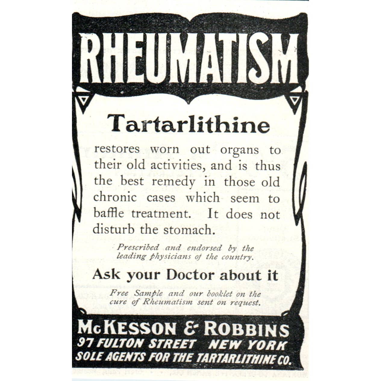 Tartarlithine McKesson & Robbins Fulton Street New York - 1903 Original Ad TJ7-S