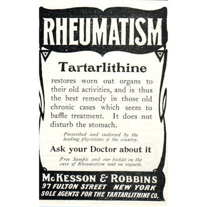 Tartarlithine McKesson & Robbins Fulton Street New York - 1903 Original Ad TJ7-S