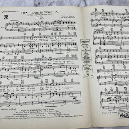I Was Born In Virginia George M. Cohan 1931 Sheet Music TK2-SM3