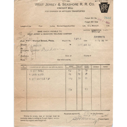 1914 West Jersey & Seashore R.R. Railroad Co. Freight Bill C. Gassett AD8