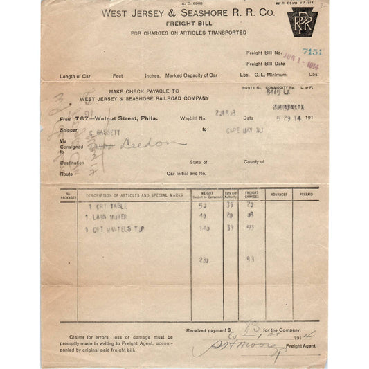 1914 West Jersey & Seashore R.R. Railroad Co. Freight Bill C. Gassett AD8
