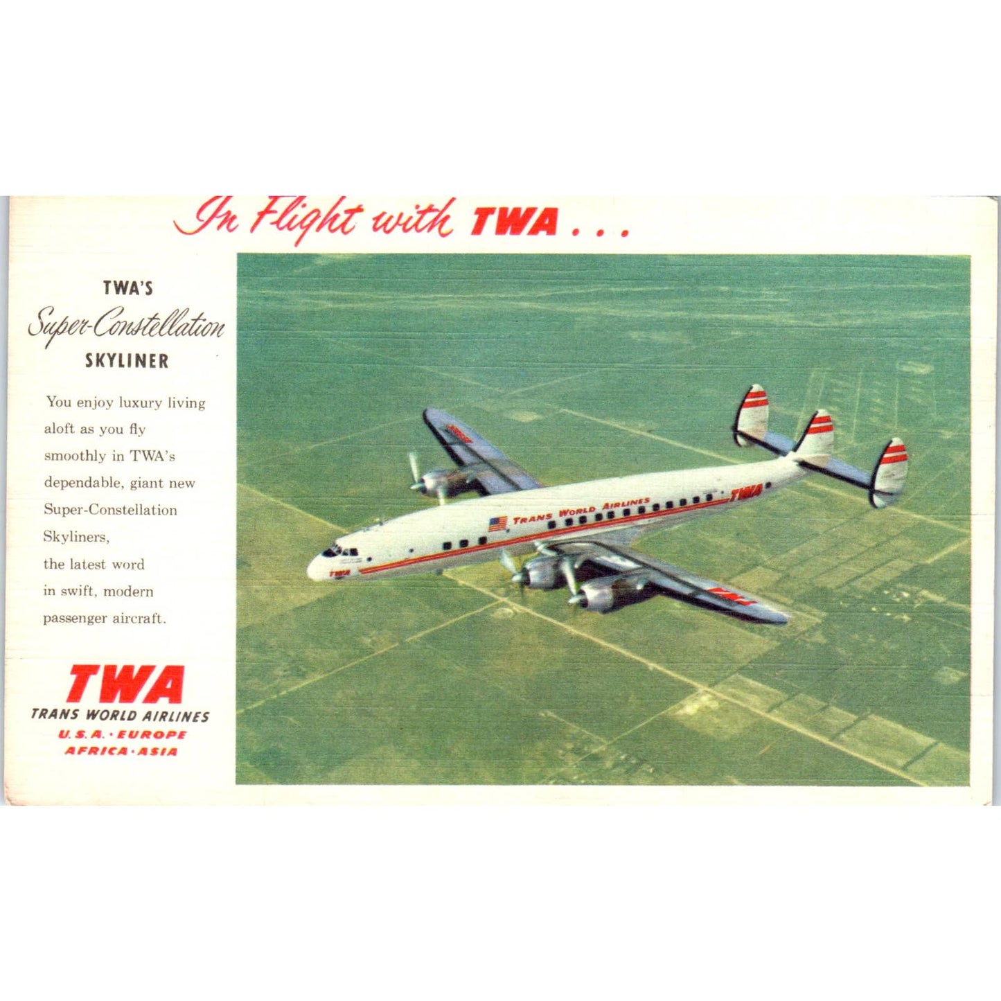 TWA Airlines Super Constellation Skyliner - Original Postcard TJ9-P1