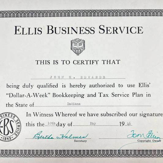 1946 Ellis Business Service Certificate Dollar-a-Week Bookkeeping Indiana AA7