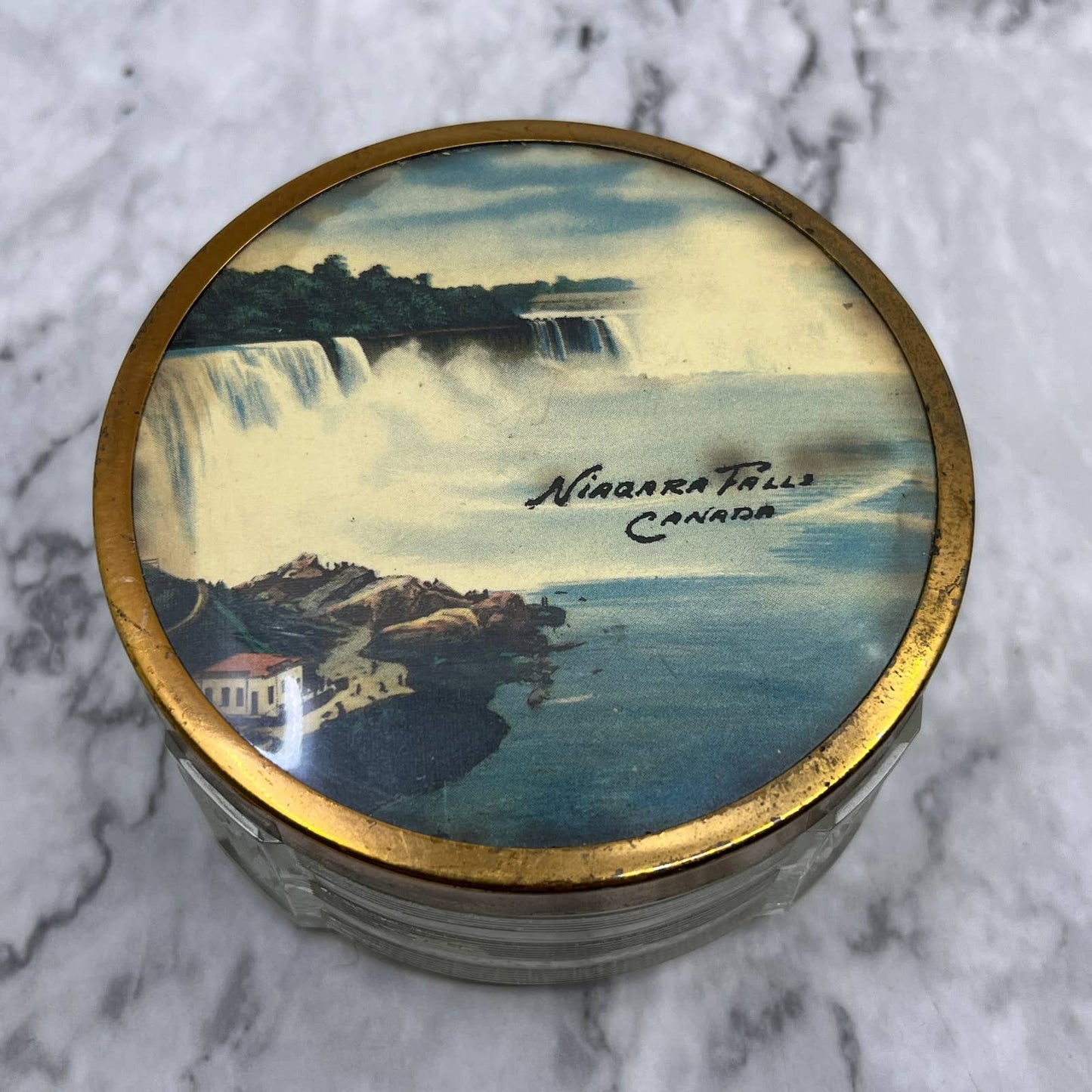 Vintage Niagara Falls Canada Powder Jar Art Deco Glass Base Ribbed 2x3.5 TJ8