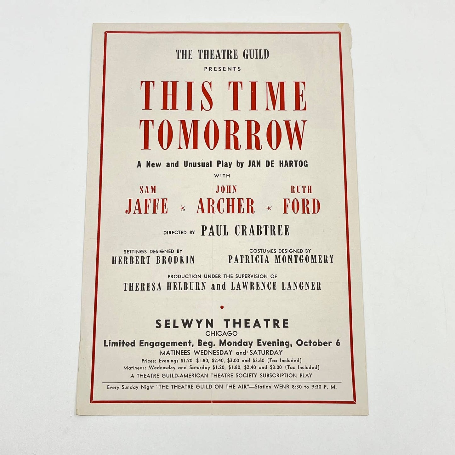 1940s Leaflet Selwyn Theatre This Time Tomorrow Jaffe Archer Ford Chicago IL AB3