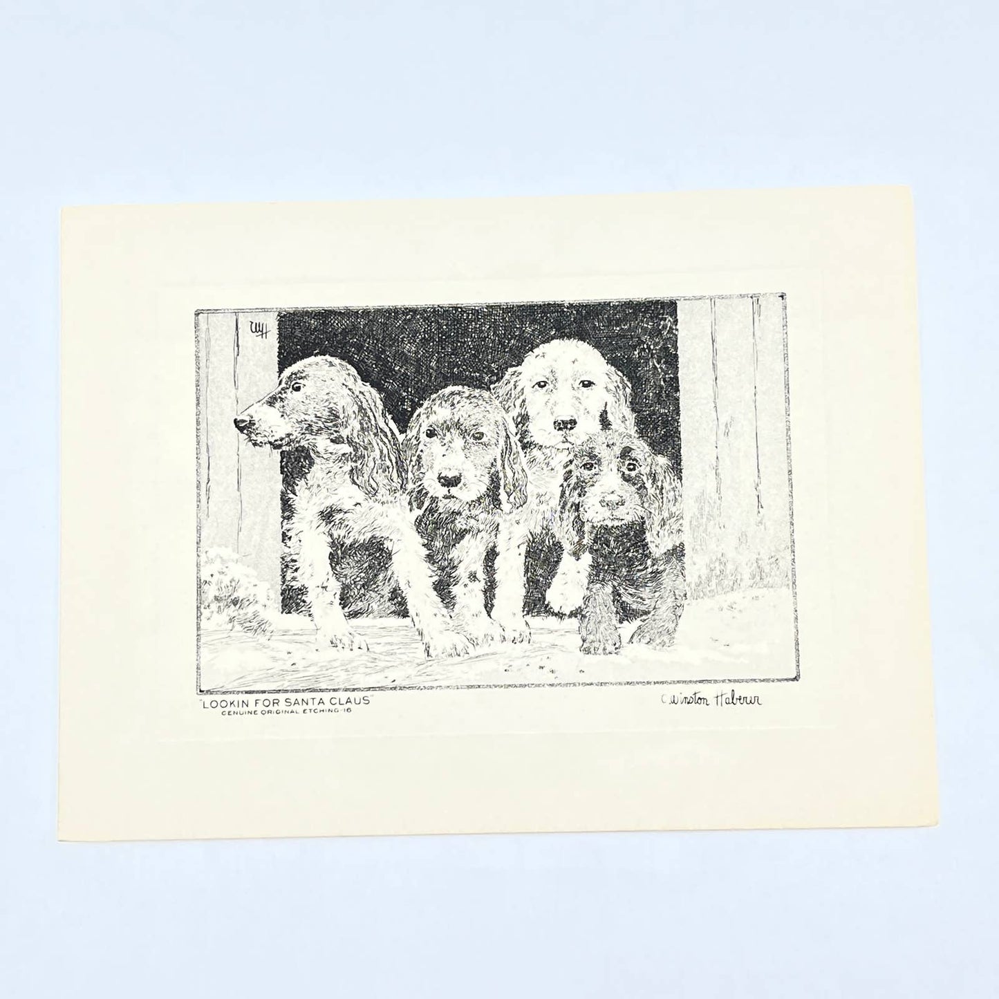 Original Etching Lookin for Santa Claus 4 Cocker Spaniel Dog Winston Haberer AC1