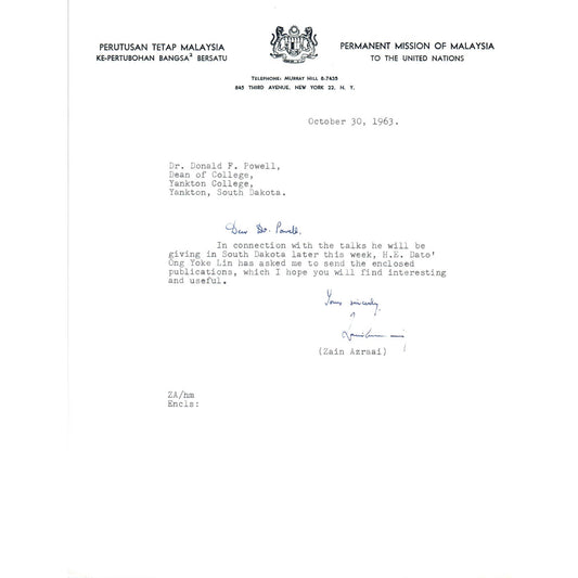 Permanent Mission of Malaysia to the UN Letterhead Memo 10/30/63 TK1-P9