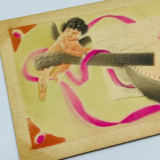 1910s Post Card Embossed Airbrushed Cherub Cupid Lute Mandolin Valentine’s PA6