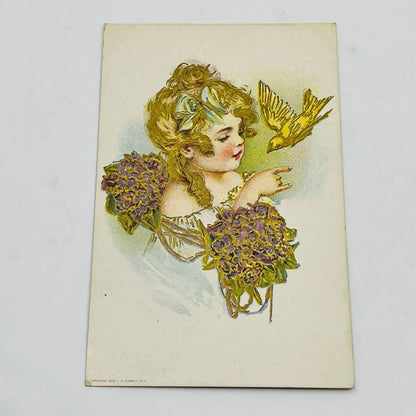 1909 Post Card Illustrated Embossed Girl Curly Hair Bird Dresden Gilt PA7