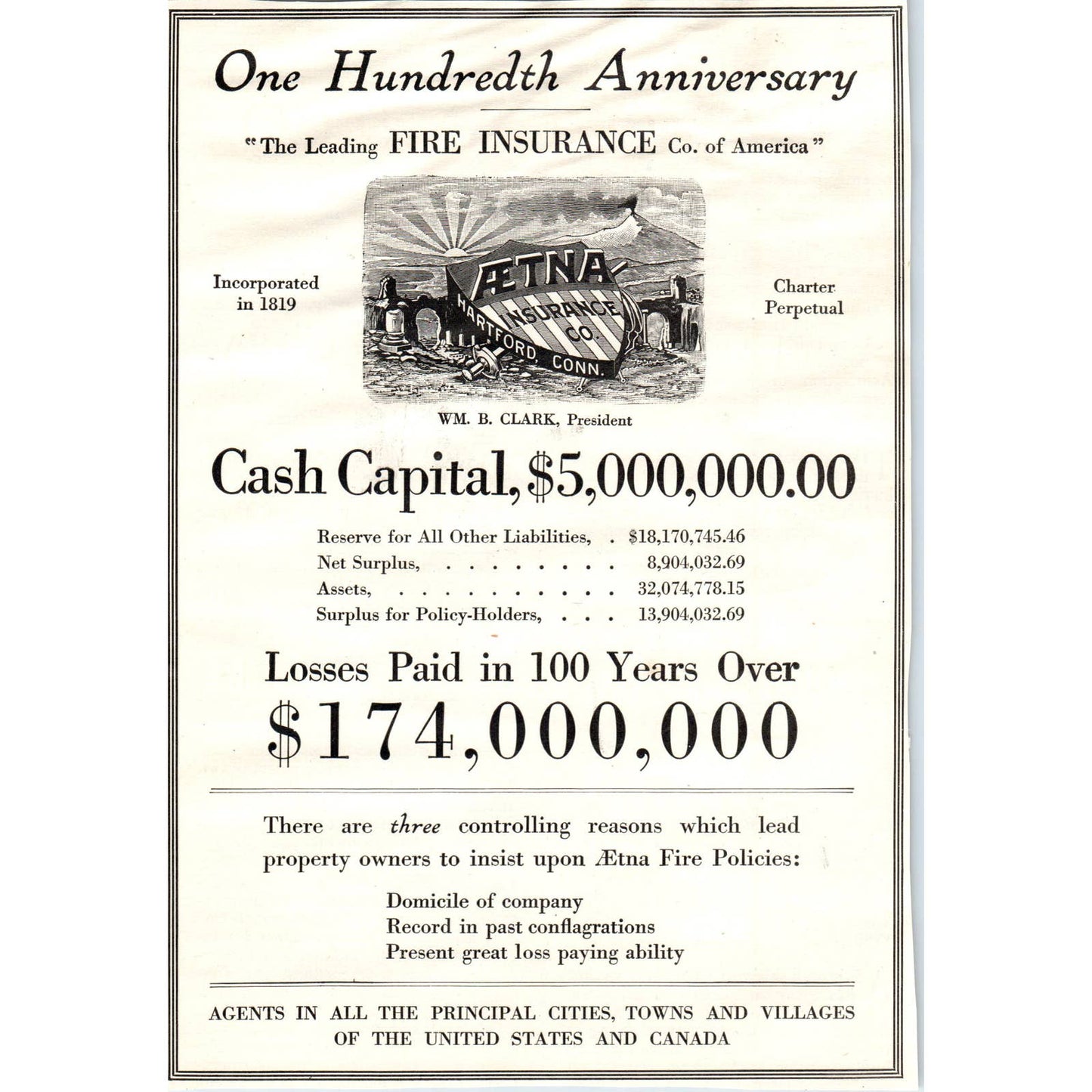 c1920 Harper's Magazine Ad - Aetna Insurance Co One Hundredth Anniversary EA3