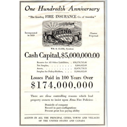 c1920 Harper's Magazine Ad - Aetna Insurance Co One Hundredth Anniversary EA3