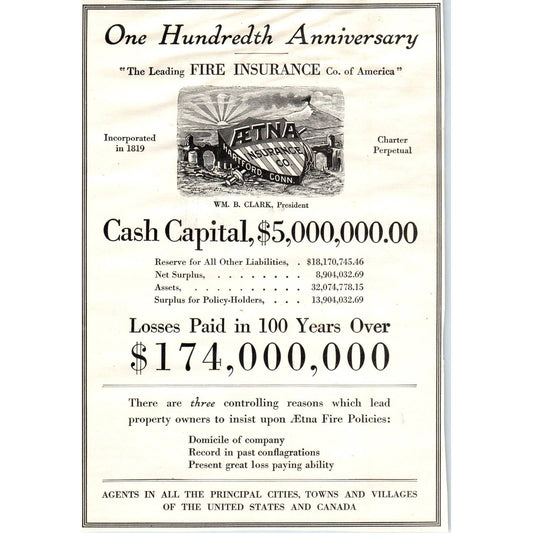 c1920 Harper's Magazine Ad - Aetna Insurance Co One Hundredth Anniversary EA3