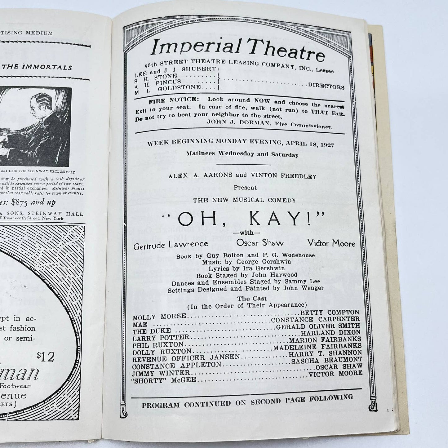 1927 Imperial Theatre Program Oh, Kay Gertrude Lawrence Oscar Shaw NYC TF7