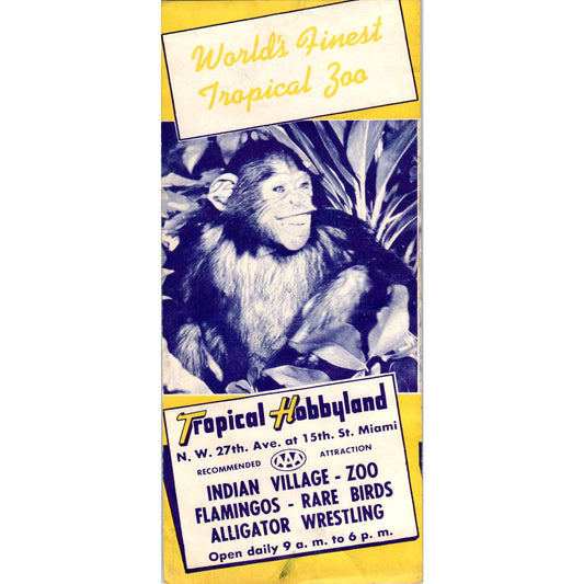 1950s Tropical Hobbyland Miami FL Zoo Indians Fold Out Travel Brochure SE3-4