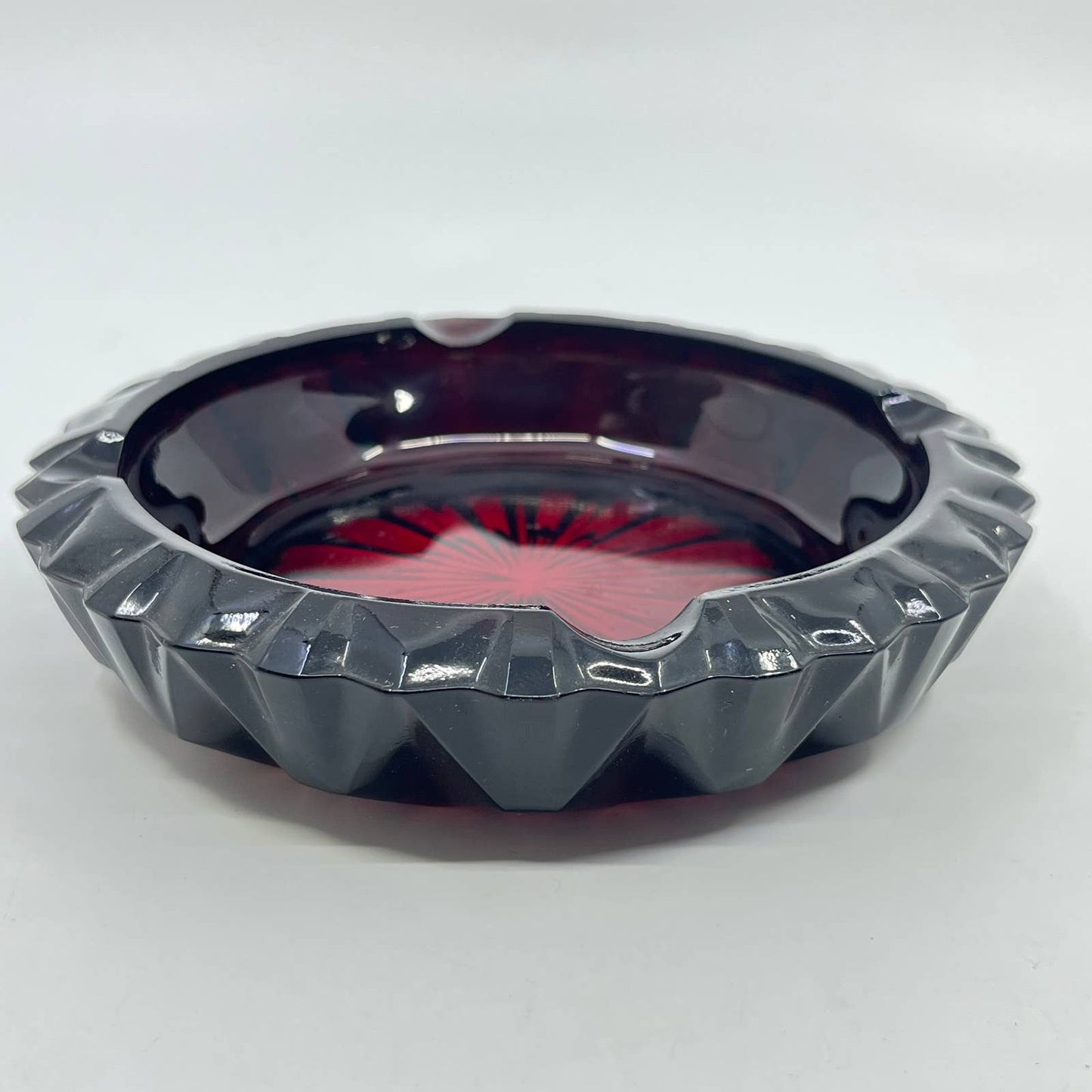 Vintage Ruby Red Cut Glass 6" Luminarc 4-Slot Cigar Ashtray Embossed France TE6