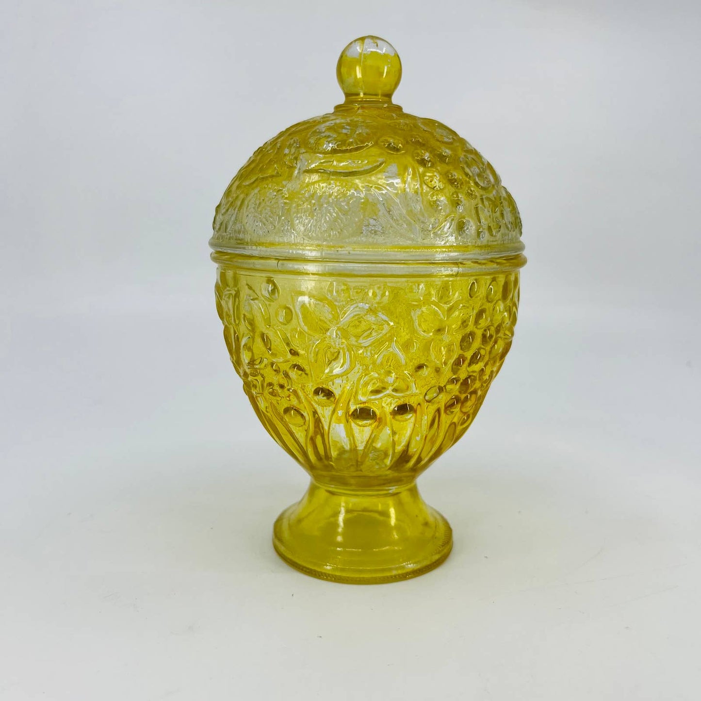 Vintage Avon Yellow Glass Embossed Flower Lidded Footed Compote Dish 6 1/2” TD3