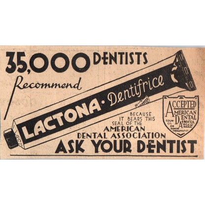 1935 Minneapolis Journal Newspaper Ad Lactona Dentifrice Toothpaste FL5-6