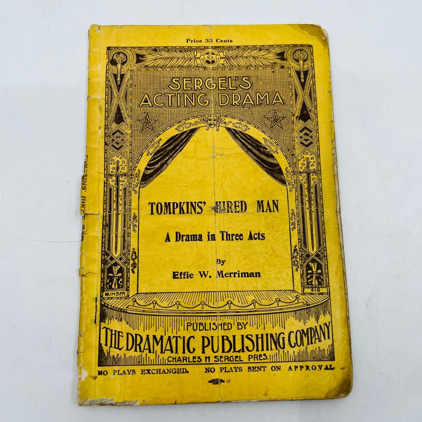 c1920 Sergel’s Acting Drama Tompkins’ Hired Man Antique Theater Play Book C5