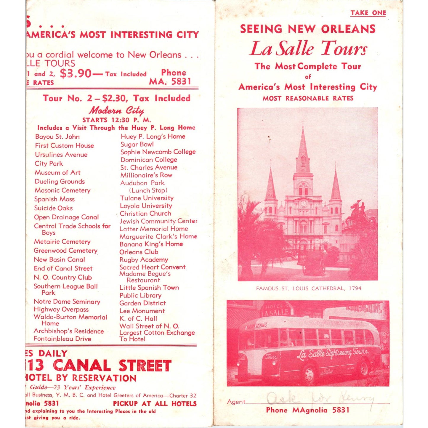 1950s Seeing New Orleans La Salle Tours Sightseeing Fold Out Travel Brochure SE3-4