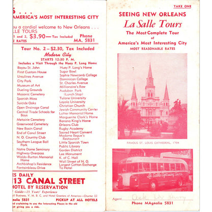 1950s Seeing New Orleans La Salle Tours Sightseeing Fold Out Travel Brochure SE3-4