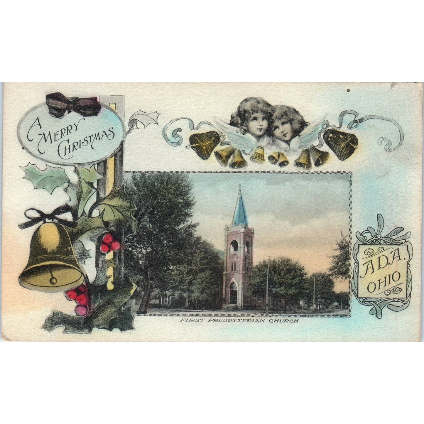 Antique Postcard Christmas Bells 1st Presbyterian Church Ada OH TD8-O2