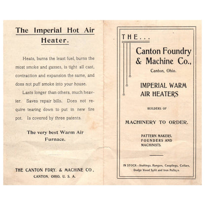 Antique Leaflet - The Canton Foundry Machine Co Imperial Warm Air Heaters OH AD8