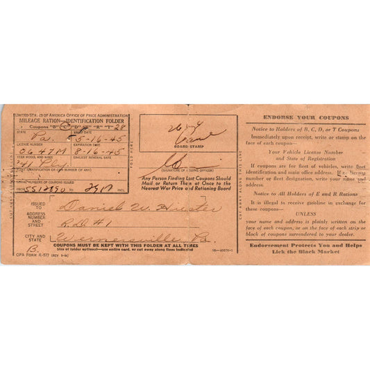 1945 WWII Mileage Ration Card With Stamps Wernersville PA SE5