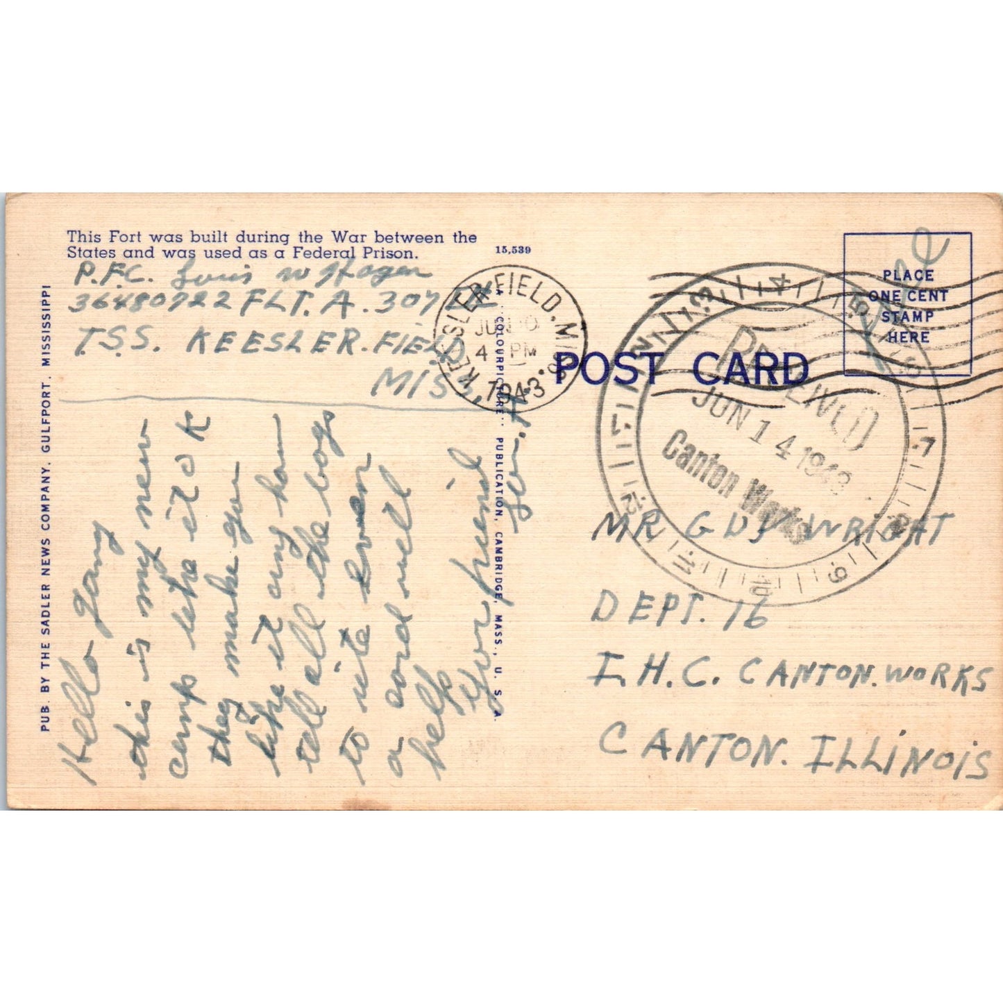 Fort Massachusetts Ship Island Mississippi Coast 1943 Original Postcard P1-14