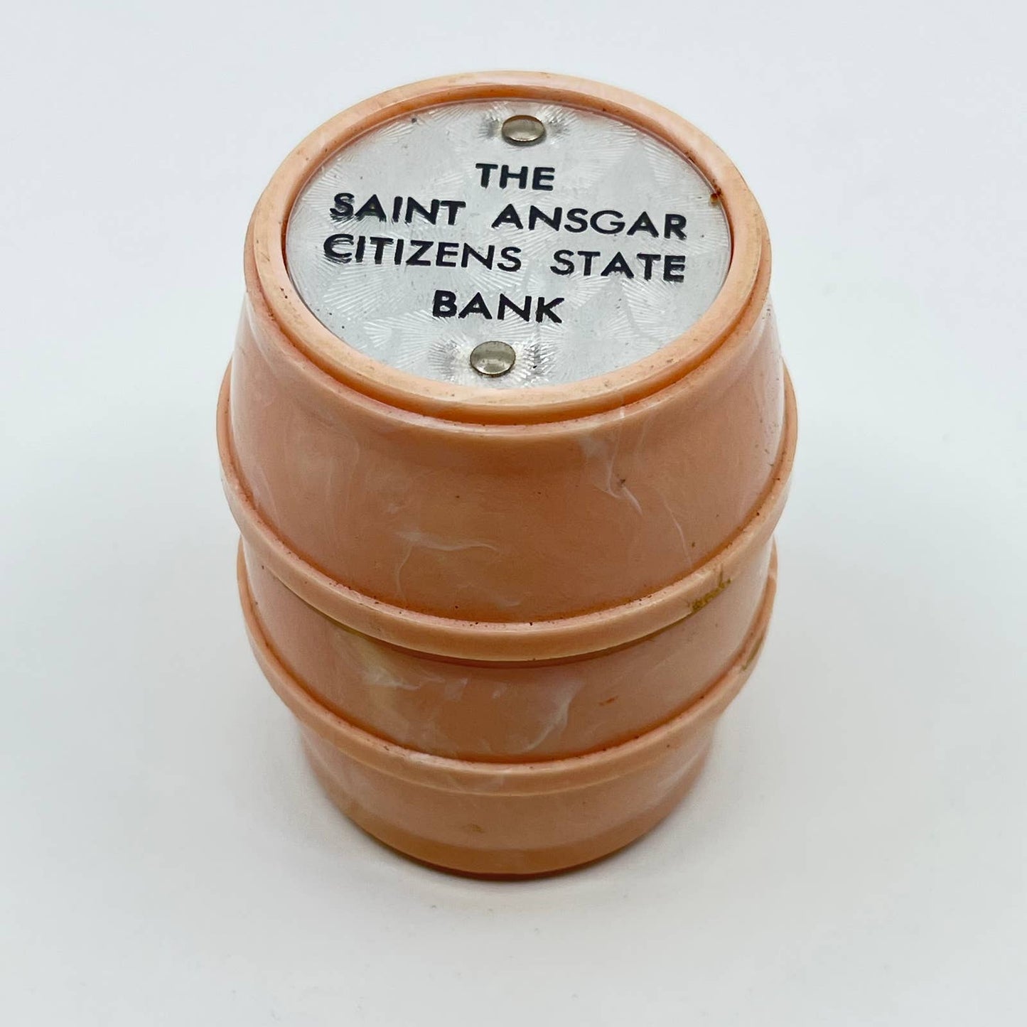 Vintage St. Ansgar Iowa Citizens State Bank Pink Celluloid Coin Bank TF3