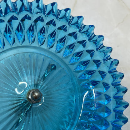 Aqua Blue Diamond Hobnail Glass Glass Candy Dish Powder Jar Metal Handle TE5