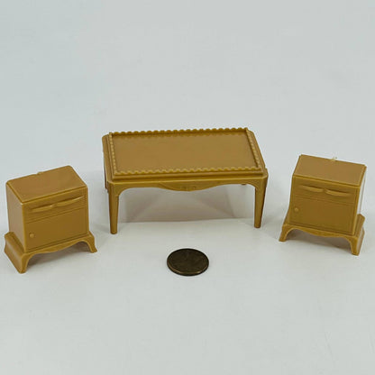 1950s MCM Plasco Dollhouse Furniture Celluloid Tan Coffee & End Table Set TD6