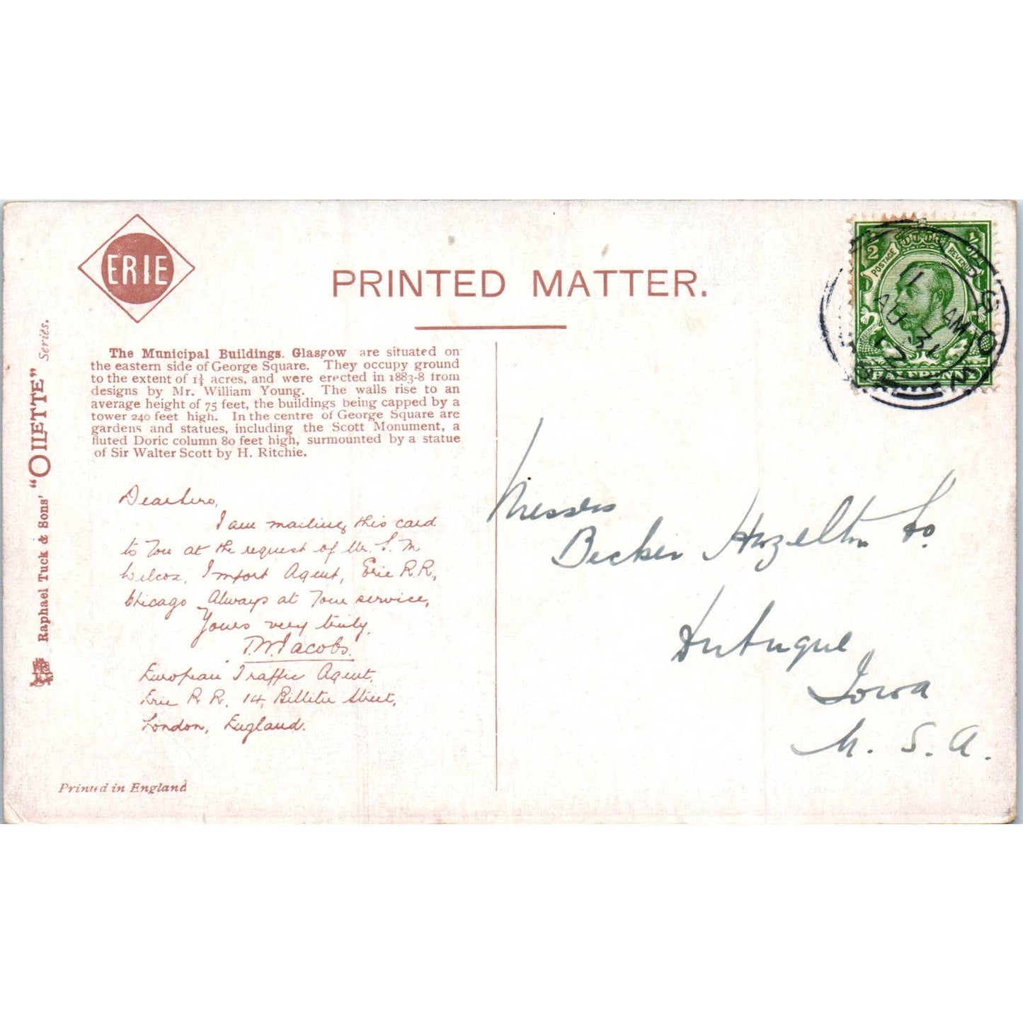 The Municipal Buildings Glasgow Raphael Tuck Oilette Original Postcard TK1-P14