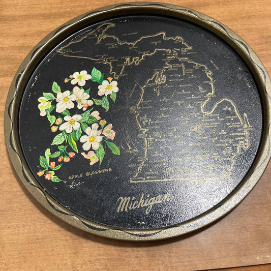 Vtg Black & Gold Metal State Souvenir Plate Tray Michigan Apple Blossoms 11” TG7