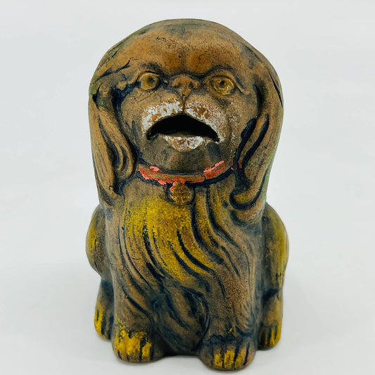 Vintage Japanese Pekingese Dog Sculpture Incense Burner Hand Painted Ceramic TD2