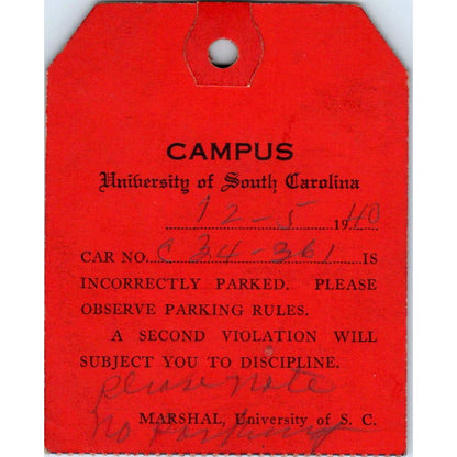 1945 University of South Carolina Marshal Parking Violation Hang Tag SE5