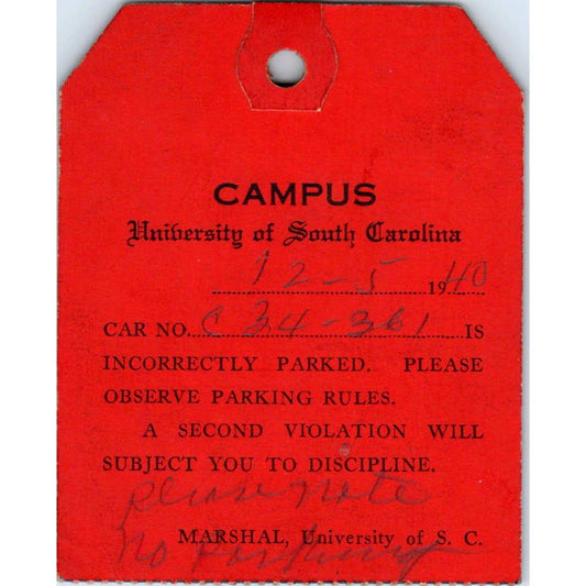 1945 University of South Carolina Marshal Parking Violation Hang Tag SE5