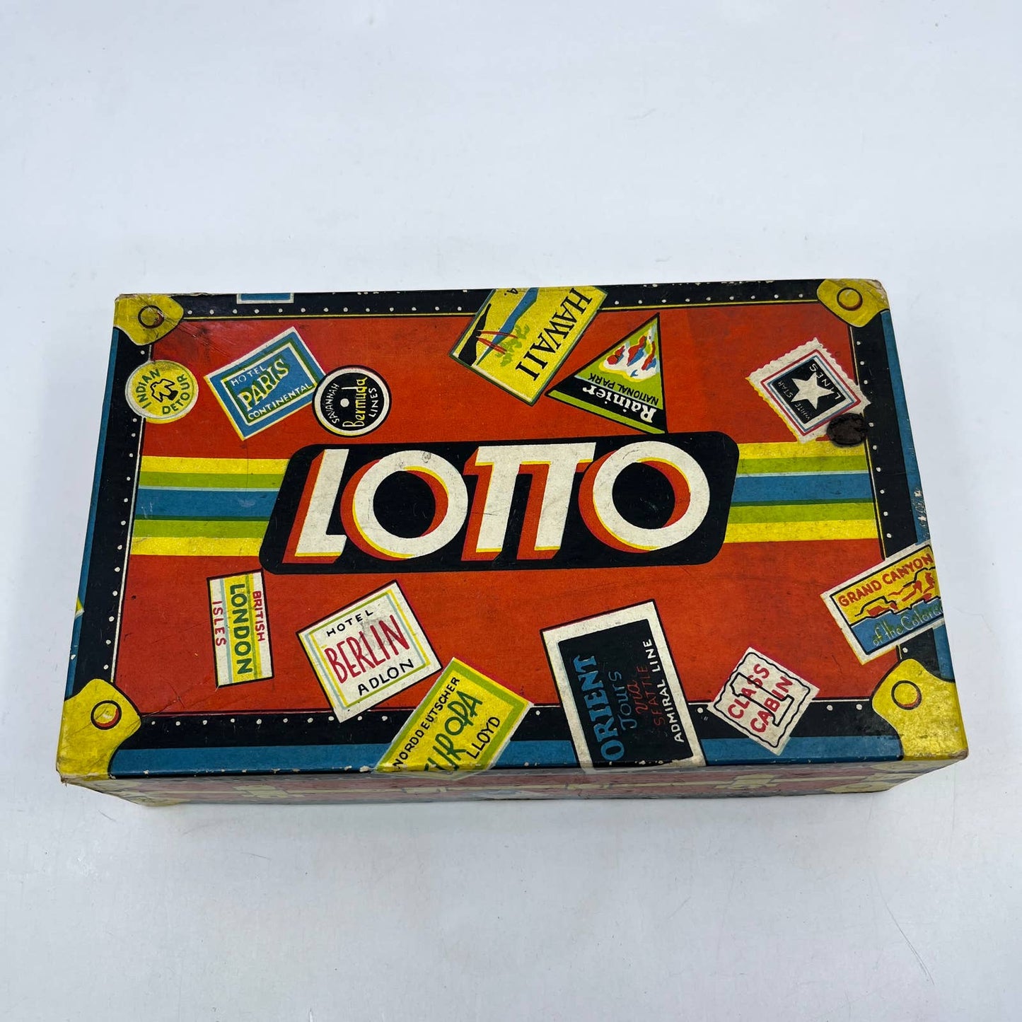 1932 Lotto Board Game Milton Bradley #4351 Steamer Trunk Suitcase Box Bingo TC3