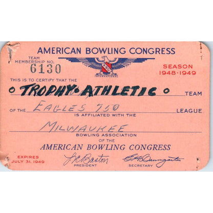 1948 American Bowling Congress Milwaukee Membership Card Eagles 750 SE5-10