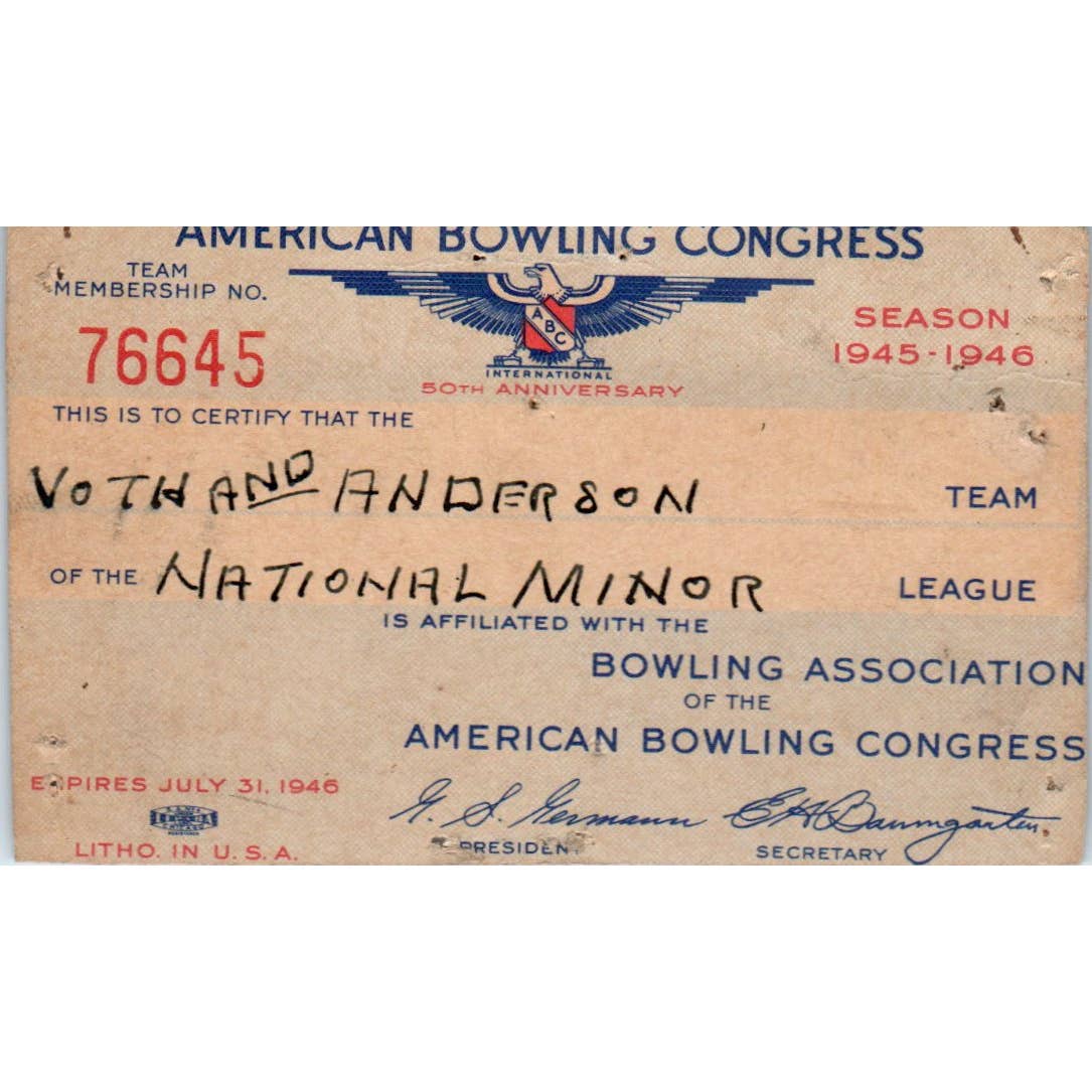 1945 American Bowling Congress Milwaukee Membership National Minor SE5-30