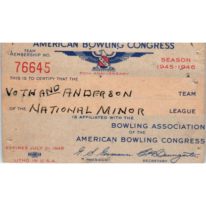 1945 American Bowling Congress Milwaukee Membership National Minor SE5-30