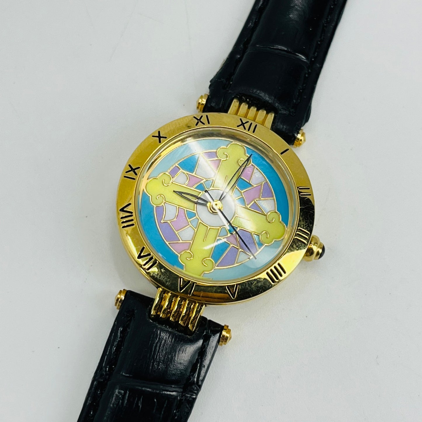 Vintage Gold Tone Enamel Face Watch Leather Band SA6