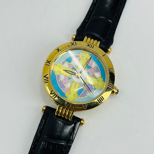 Vintage Gold Tone Enamel Face Watch Leather Band SA6